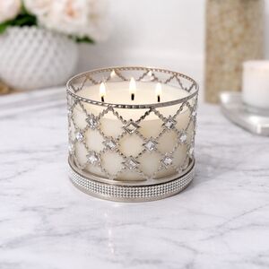 Bath & Body Works 3-Wick Silver Gemstones Trellis Pattern Candle Holder W/Candle
